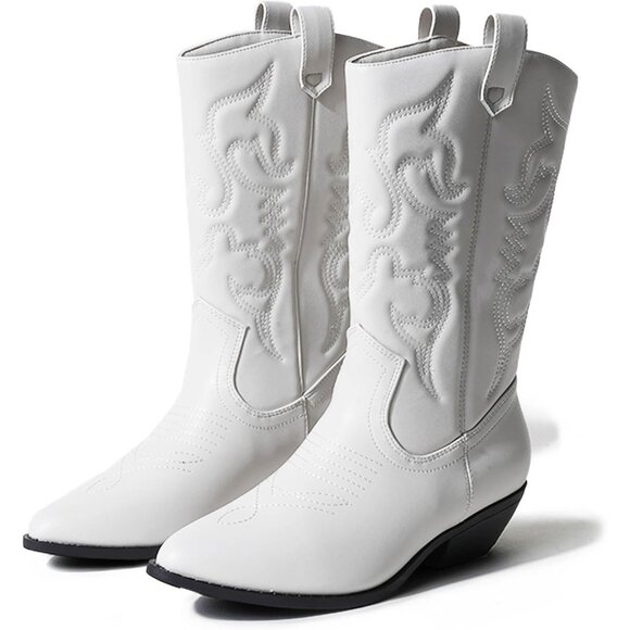 Women Polyurethane White Mid Calf Low Heel Pointed Toe Cowgirl Western Boot - Picture 4 of 9